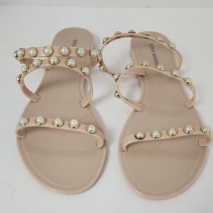 Steve Madden Women's Beige Strappy Flat Sandals with Pearl Accents, sz 8